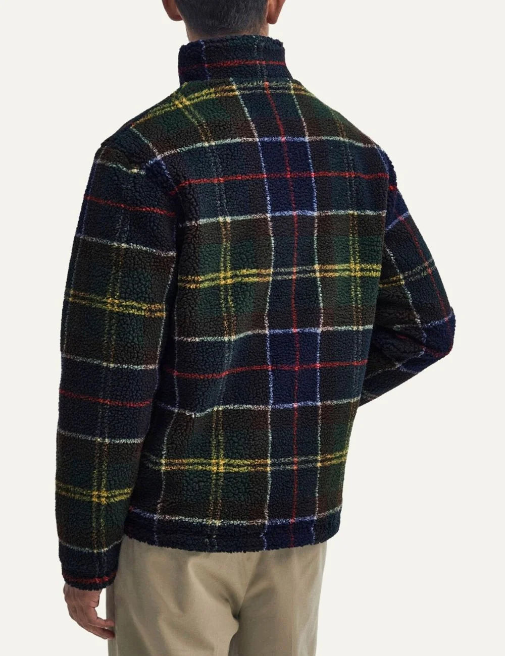Men's Barbour Tartan Sherpa fleece jacket in green, navy and brown with high collar, zip fastening and chest logo back view