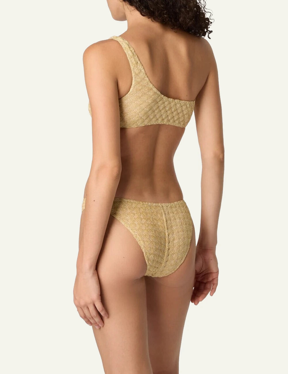 missoni gold one shoulder bikini lame knit spiderweb pattern back view