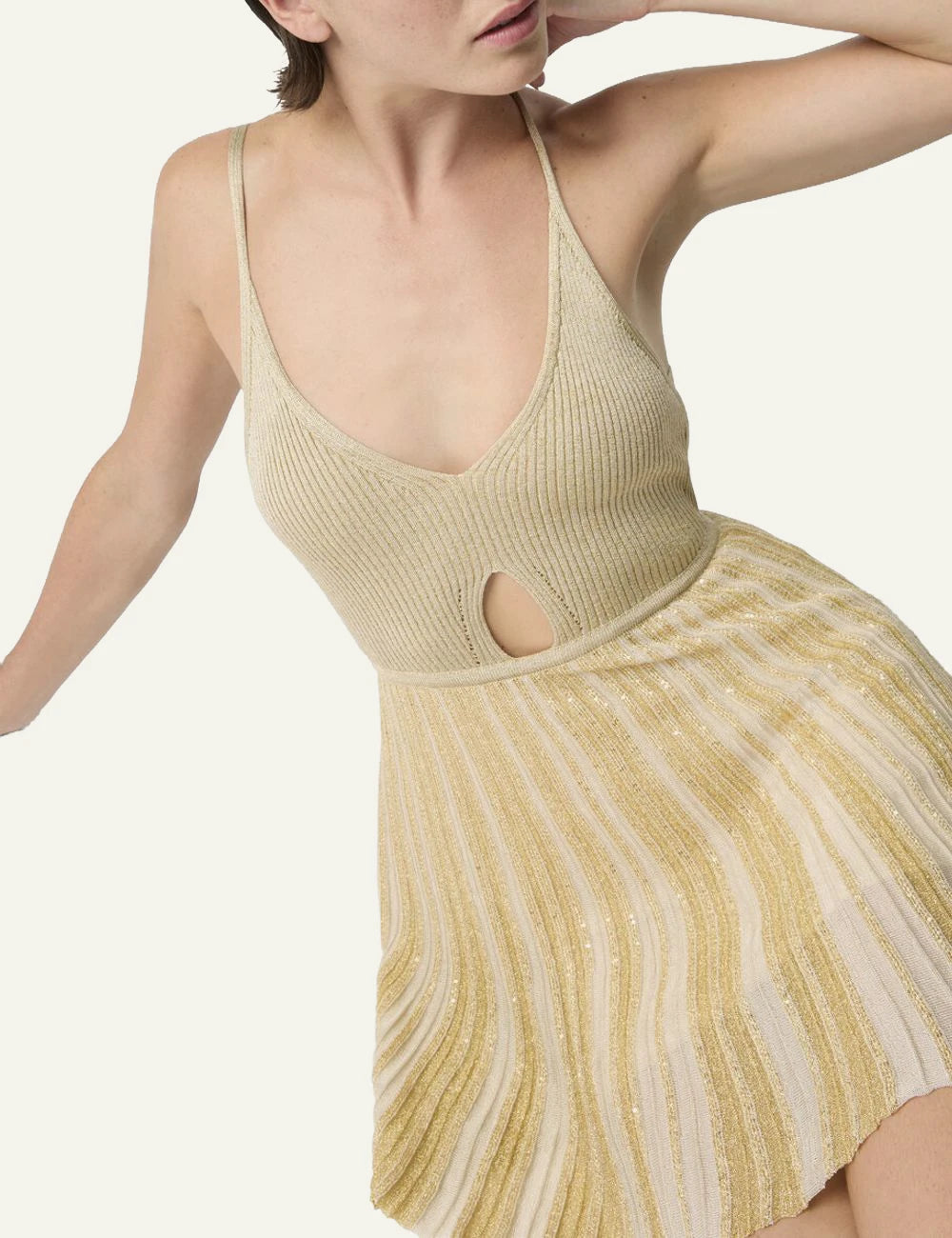 Missoni knit mini dress gold pleated skirt detail view