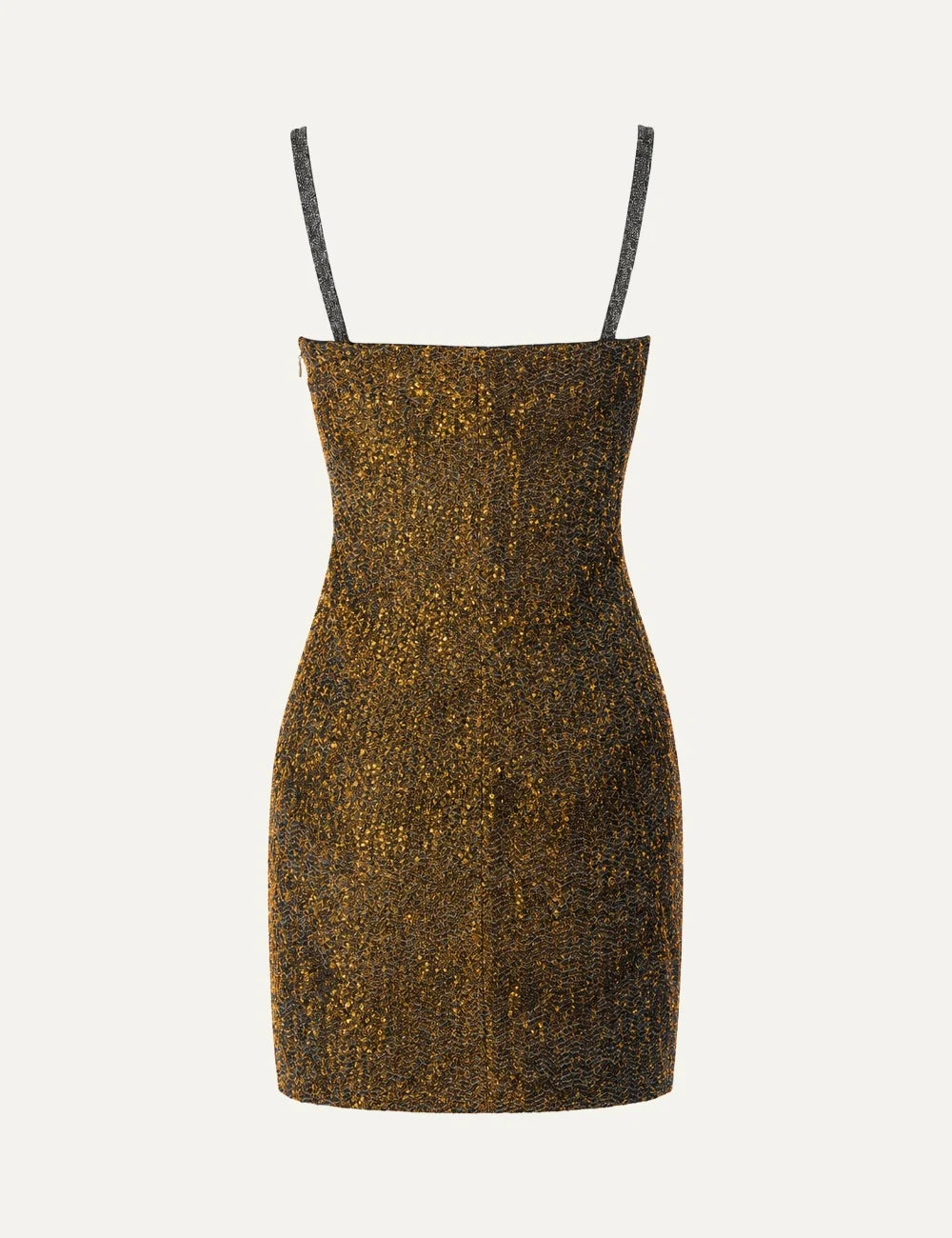 Missoni women's black and gold fitted mini dress with straight neckline, thin embellished straps and all-over gold sequins and beads back