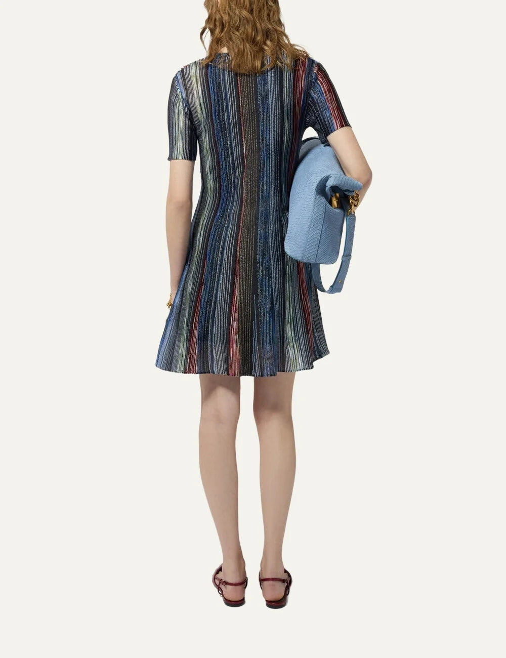 Missoni women's multicolor striped lamé knit mini dress with short sleeves, V-neck keyhole detail and flared semi-sheer hem back