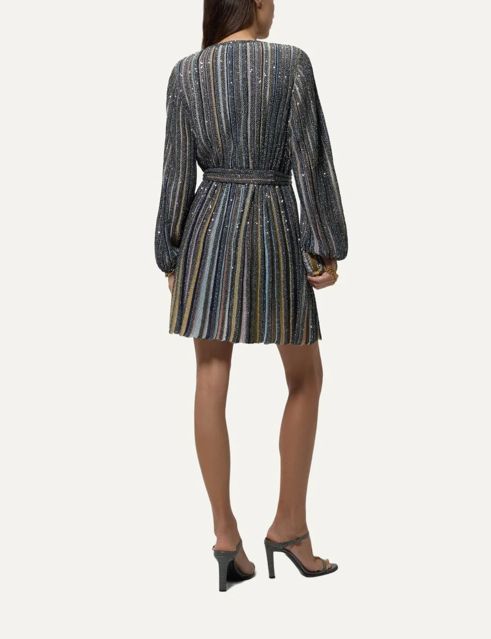 Missoni women's multicolor striped sequin mini dress with long sleeves, deep front cutout and matching waist tie belt back