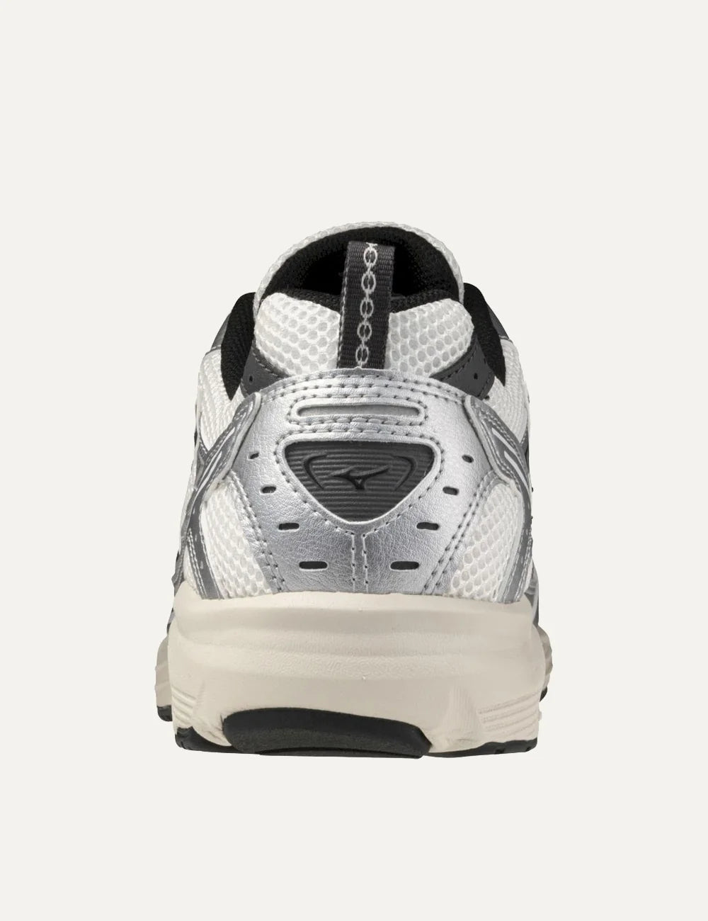 Mizuno MXR Sport white mesh sneakers with metallic silver overlays, black logo, white laces and chunky cream sole back