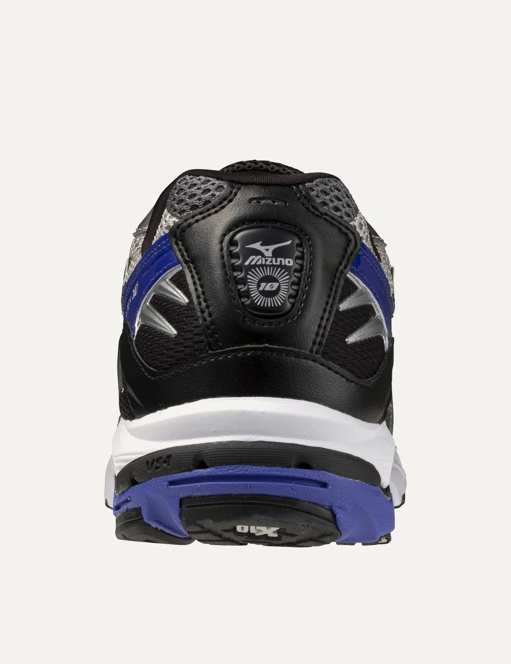 Mizuno Wave Rider 10 Sport white mesh sneakers with metallic silver overlays, black side logo, white laces and chunky sculpted sole back