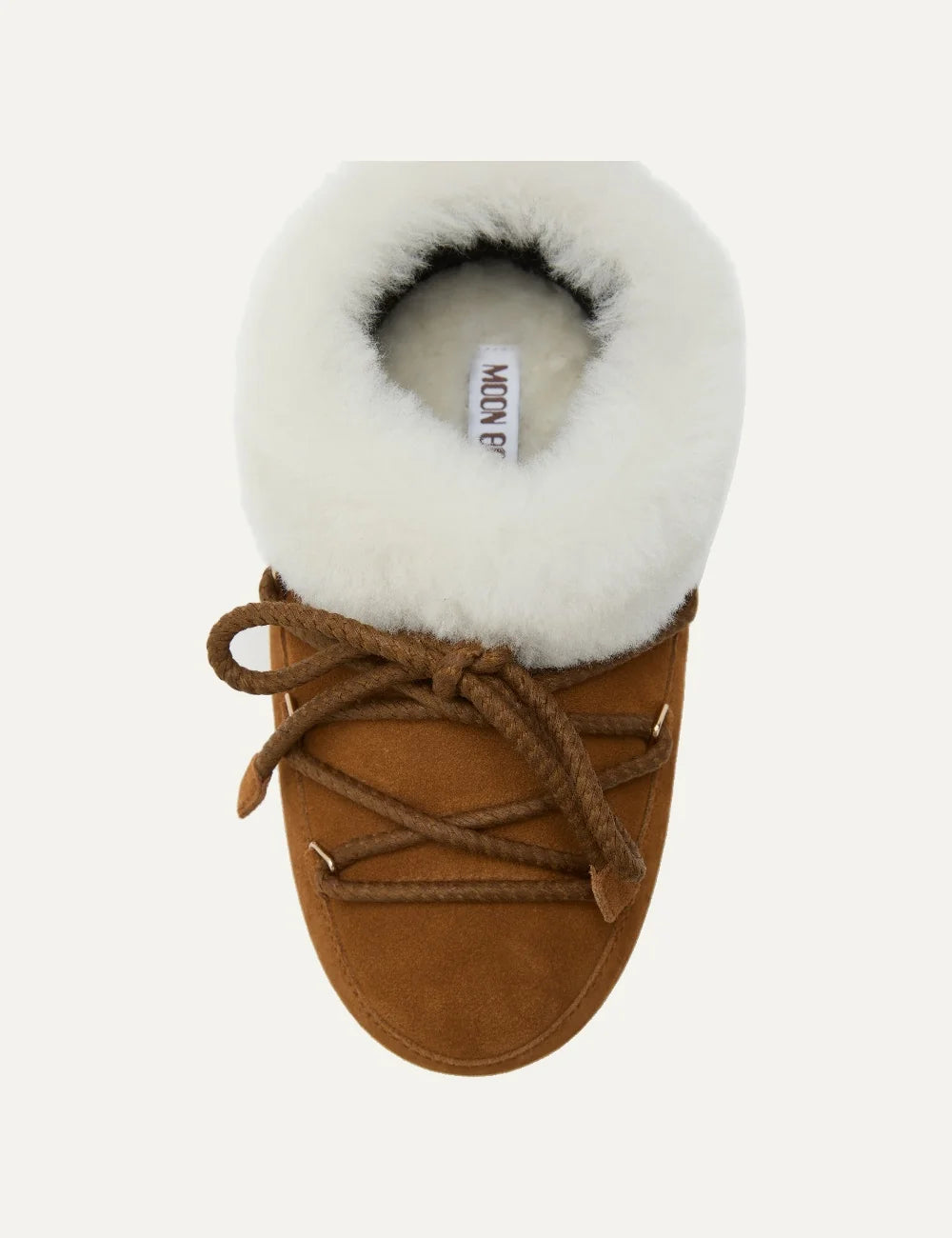 Moon Boot women EVX brown suede mules with white sheepskin trim and criss-cross laces top view