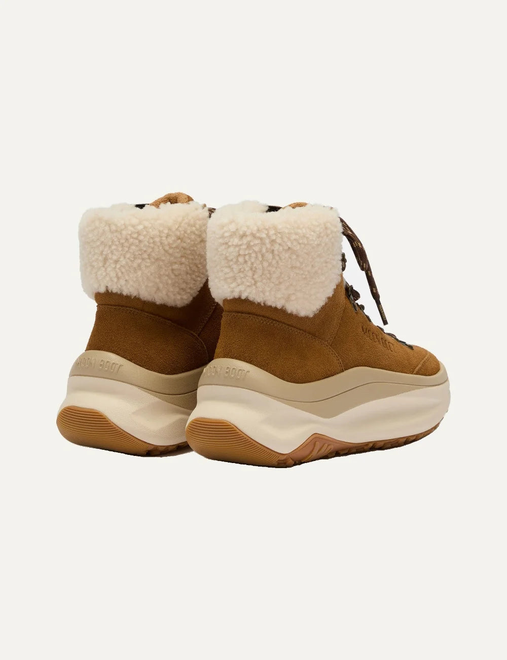 Moon Boot women Moon247 City Shearling Mid brown suede boots with shearling trim and chunky sole back view