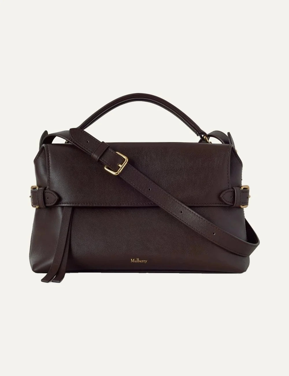 Mulberry women's dark brown top handle bag with structured silhouette, detachable shoulder strap, flap front pocket and gold-tone Postman's Lock back