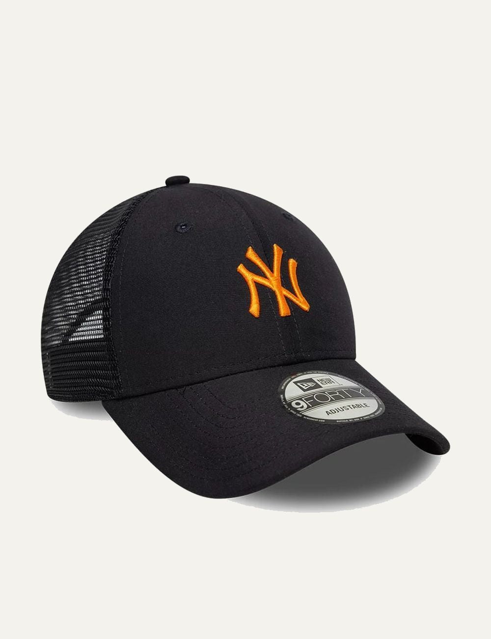 New Era NY Yankees black trucker cap orange logo side view