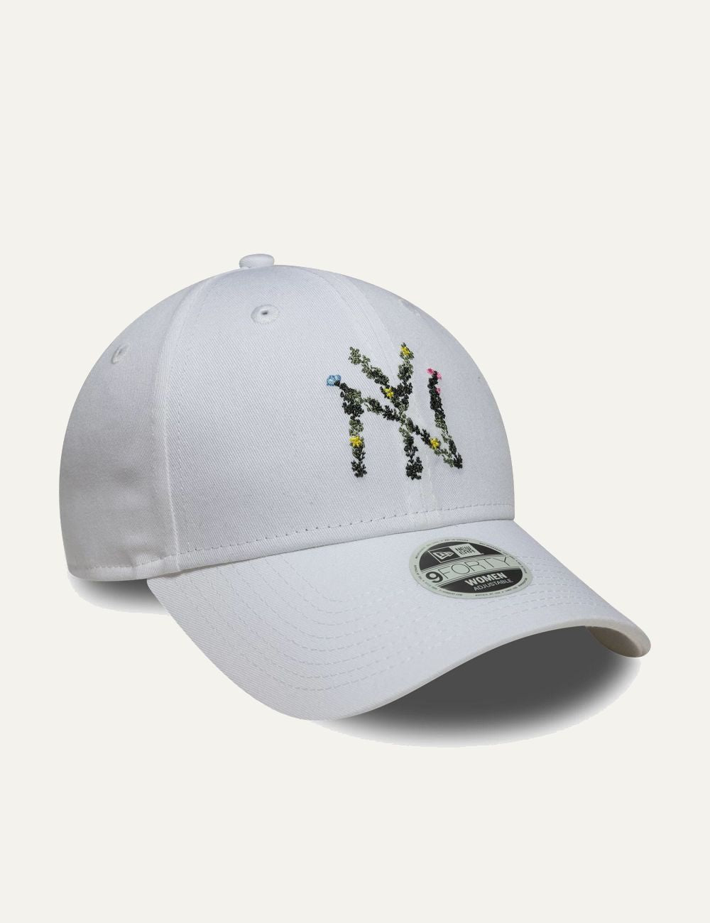 New Era NY floral logo white cap side view