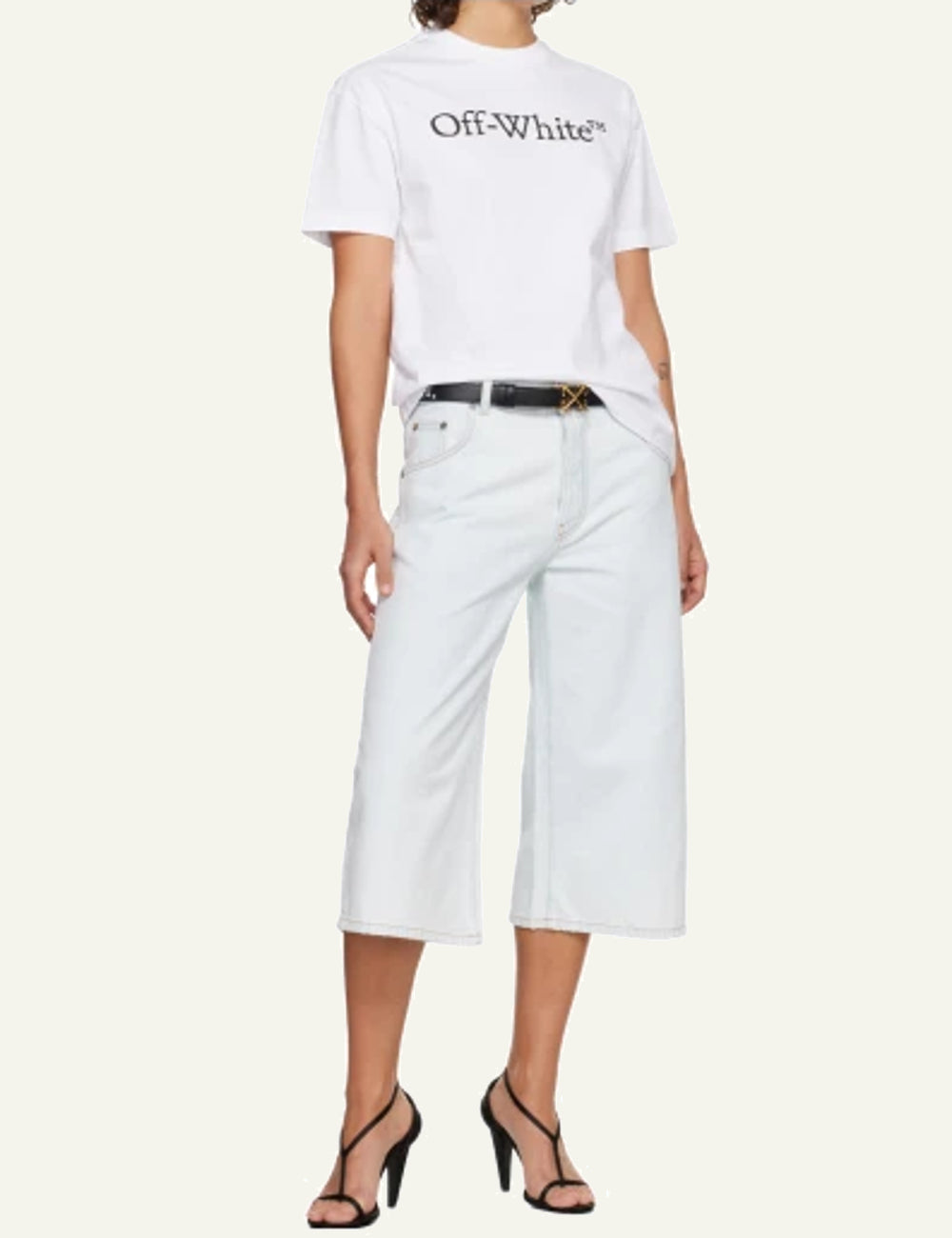 Off-White black leather belt with gold Arrow buckle front model view