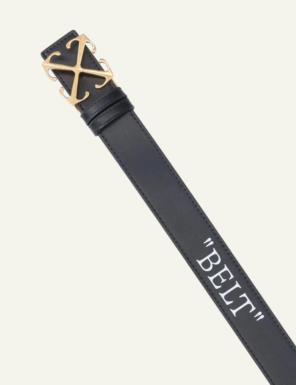 off white belt black leather gold arrow buckle front detail view