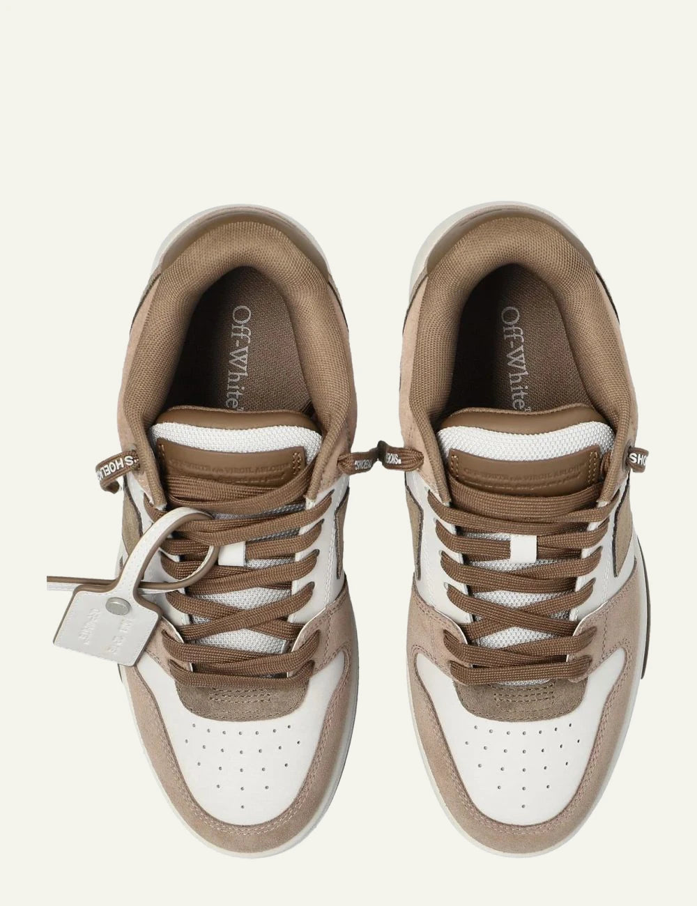 Off-White Out Of Office sneakers light brown suede white panel arrow top view