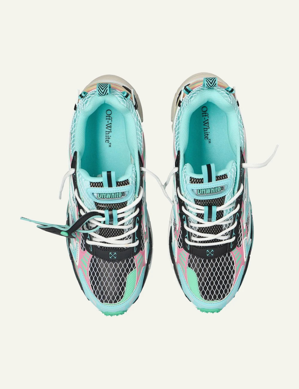 Off-White sneakers multicolor mint pink mesh arrows running top view