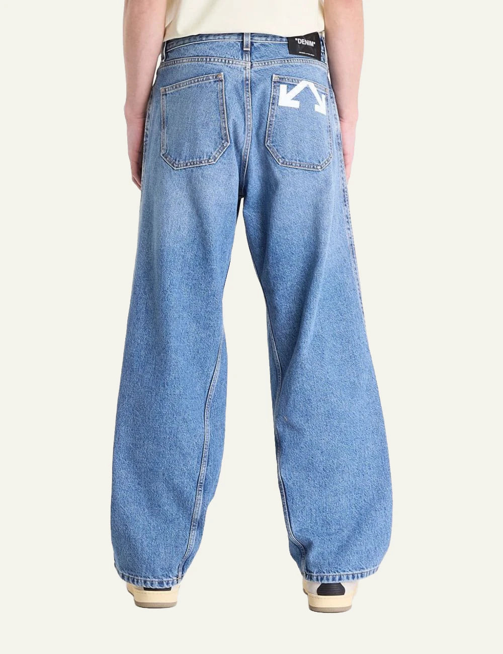 Off-White twisted flare jeans light medium blue back view wide leg