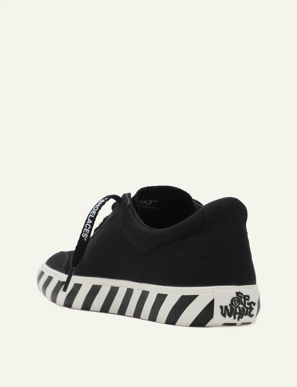 Off-White vulcanized sneakers black canvas arrows logo back view