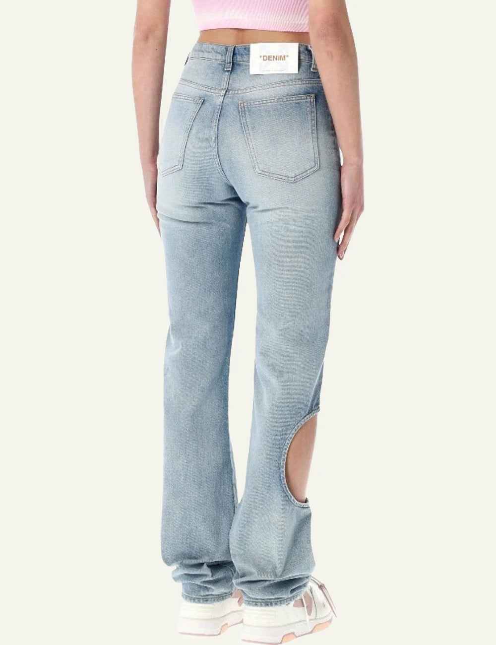 Off-White wide leg jeans light blue cut out detail back model view
