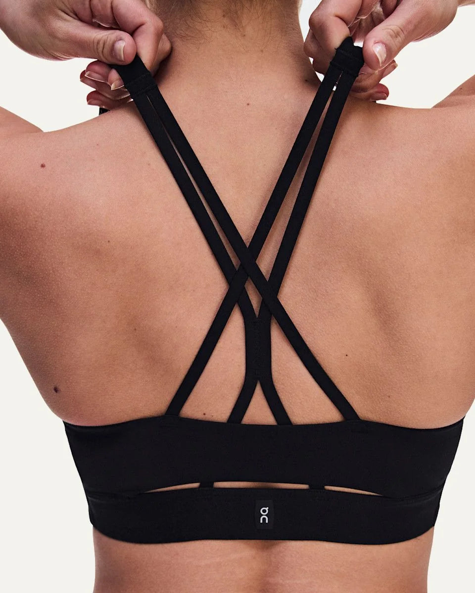 ON women's black soft stretch sports bra with light support back detail