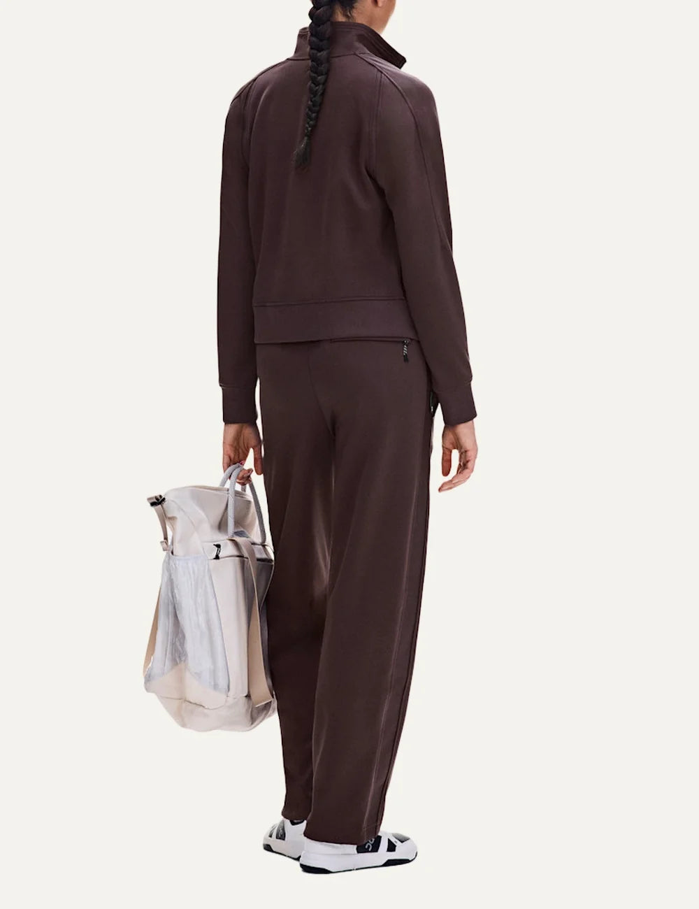On women's Mulberry brown full-zip tennis-inspired jacket back