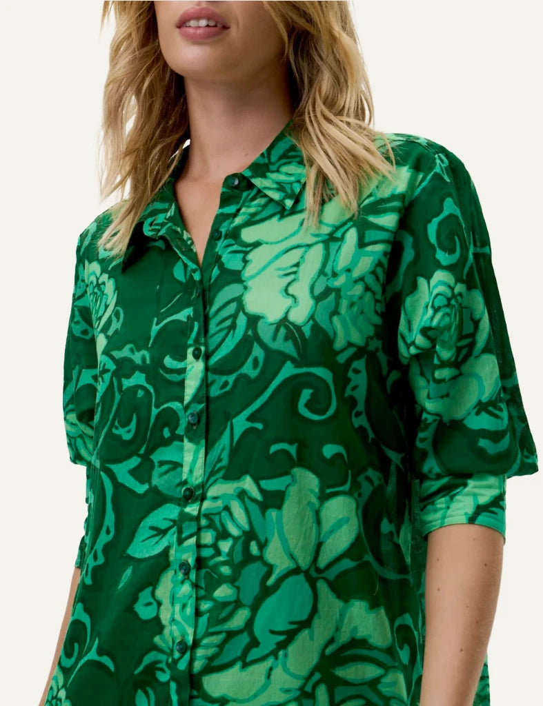 One Season floral shirt dress green maxi loose fit front detail