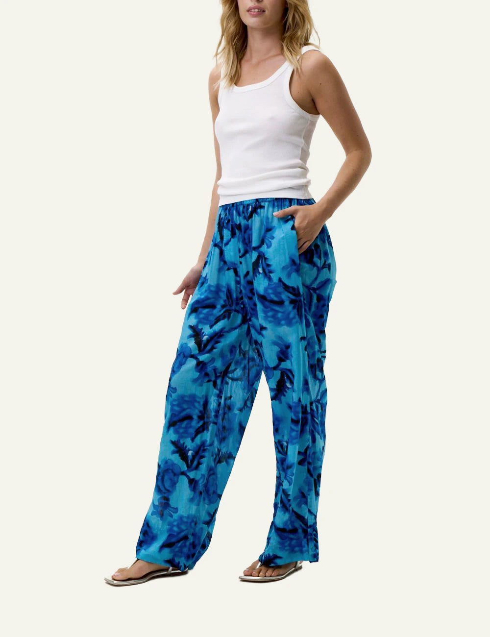 one season isla wide leg pants blue floral side view