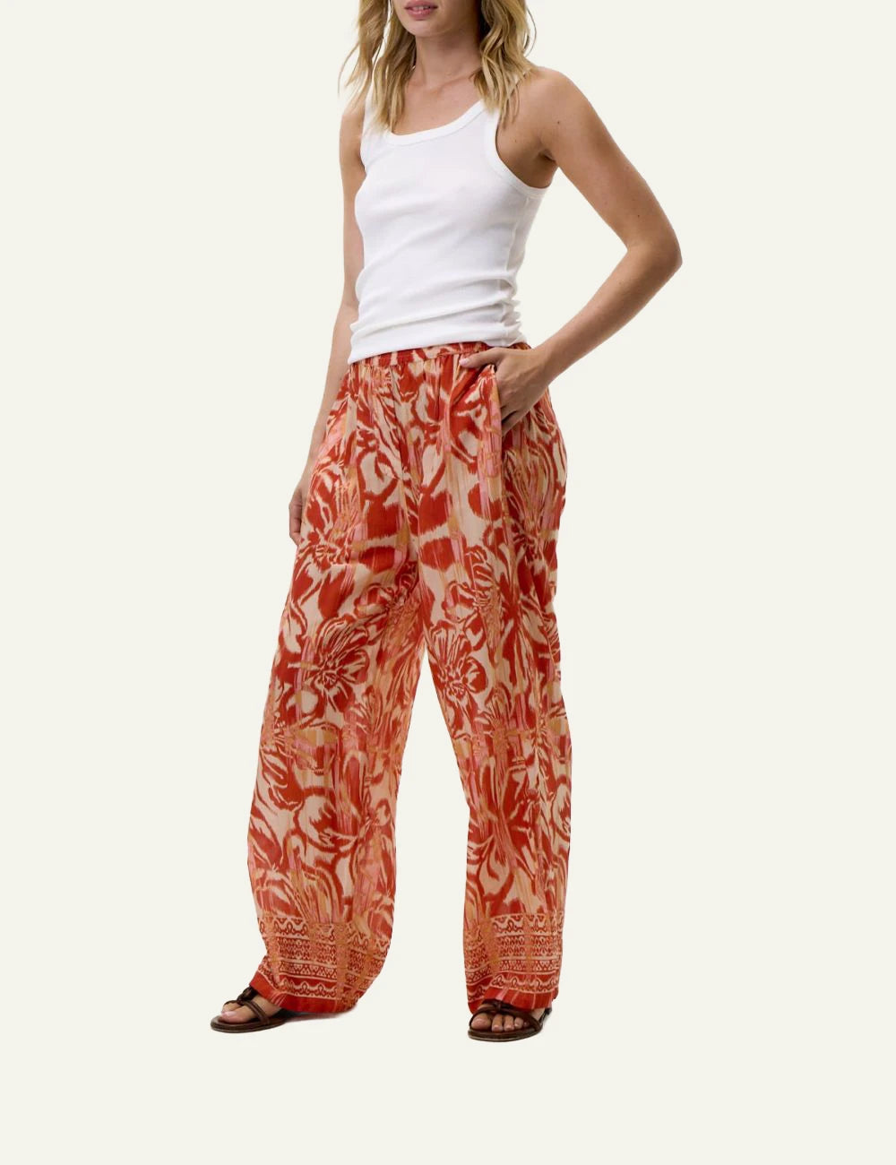 one season isla wide leg pants red print side view