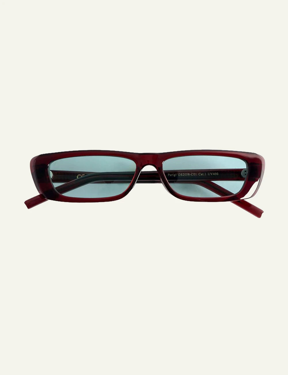 os sunglasses rectangular burgundy frame blue lens front detail view