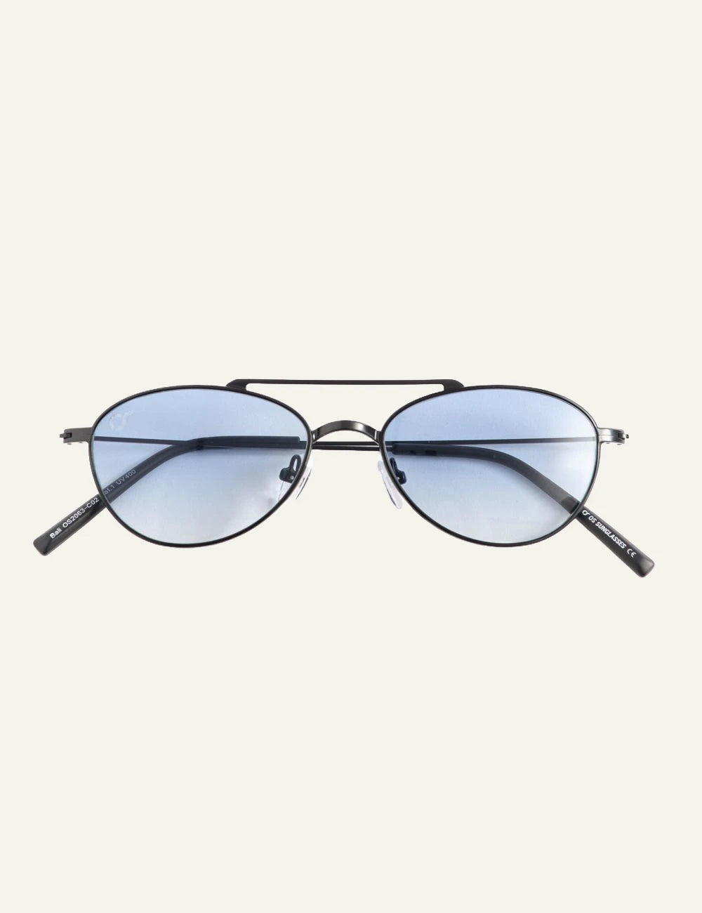 os sunglasses round black frame blue lens front detail view