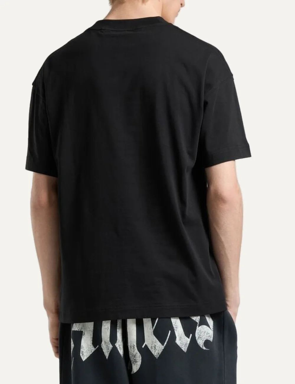 Men's Palm Angels black cotton regular fit T-shirt with brushed palm tree graphic and gothic logo on the chest back