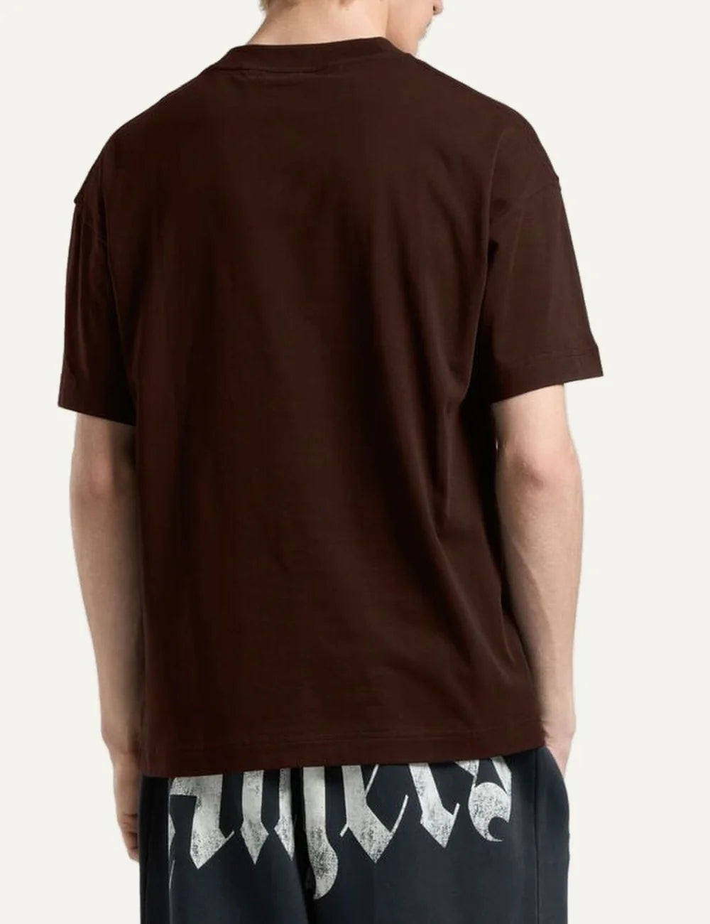 Men's Palm Angels brown cotton regular fit T-shirt with brushed palm tree graphic and gothic logo on the chest back