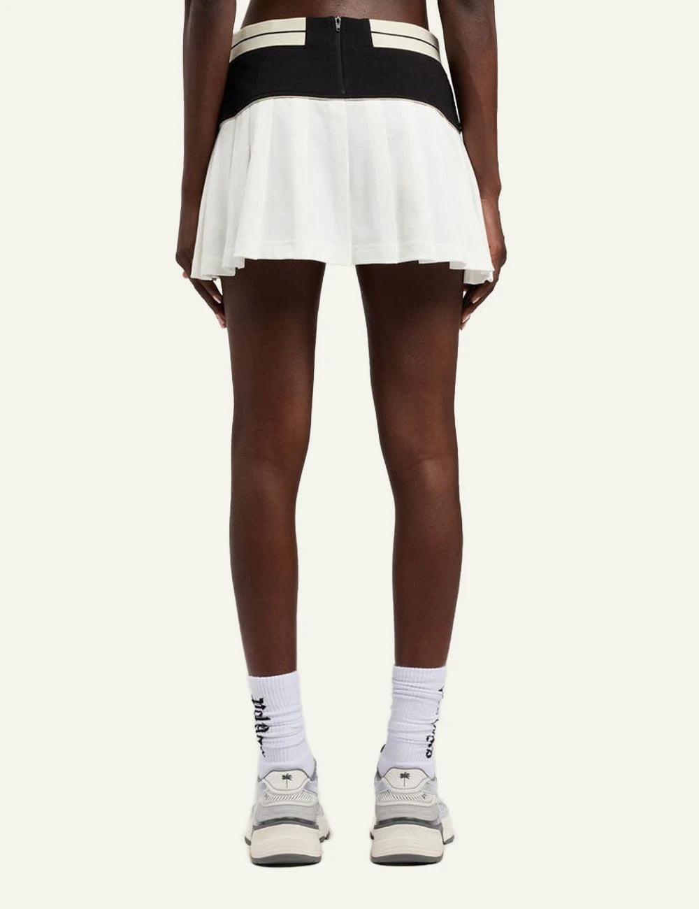 Palm Angels mini skirt pleated black white logo waistband back model view