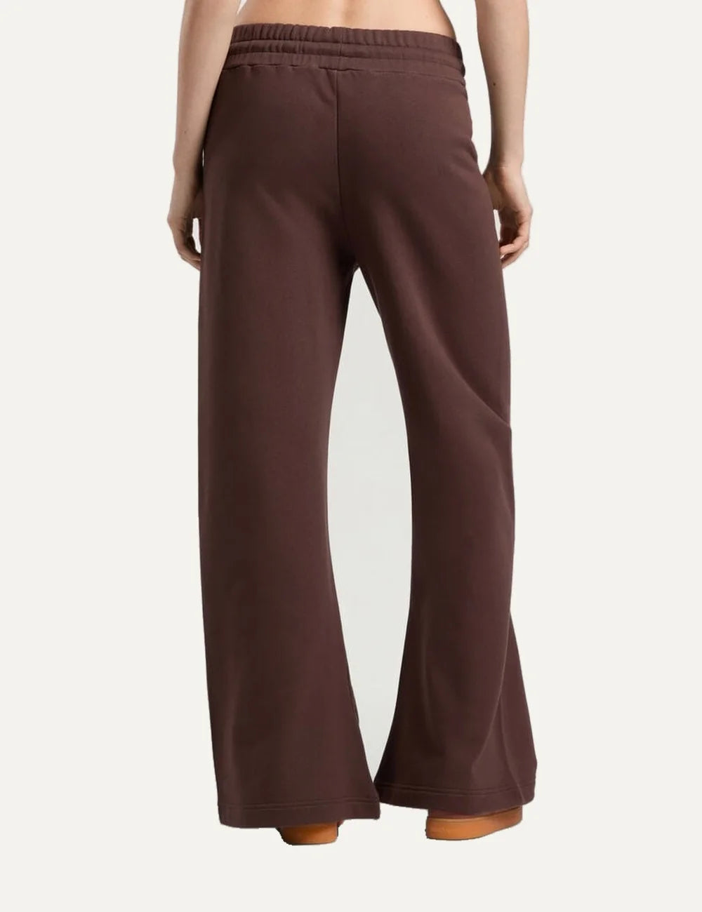 Women's Palm Angels brown cotton sweatpants with wide flared legs, drawstring waist and brushed palm tree logo print back