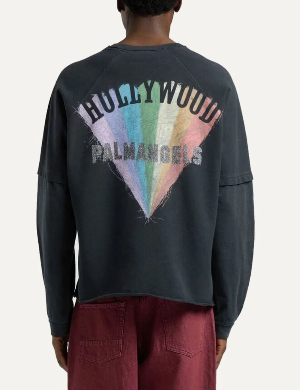 Women's Palm Angels charcoal cotton long sleeve top with double-layer sleeves, Hollywood graphic prints and loose fit back