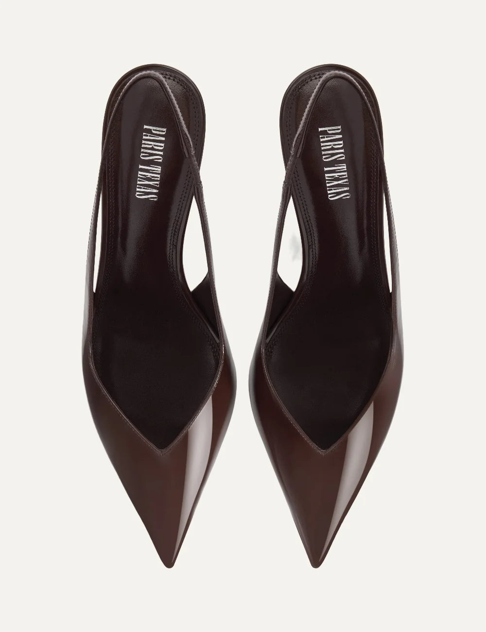 Paris Texas women Ebano dark brown patent leather slingback pumps with pointed toe and stiletto heel top view