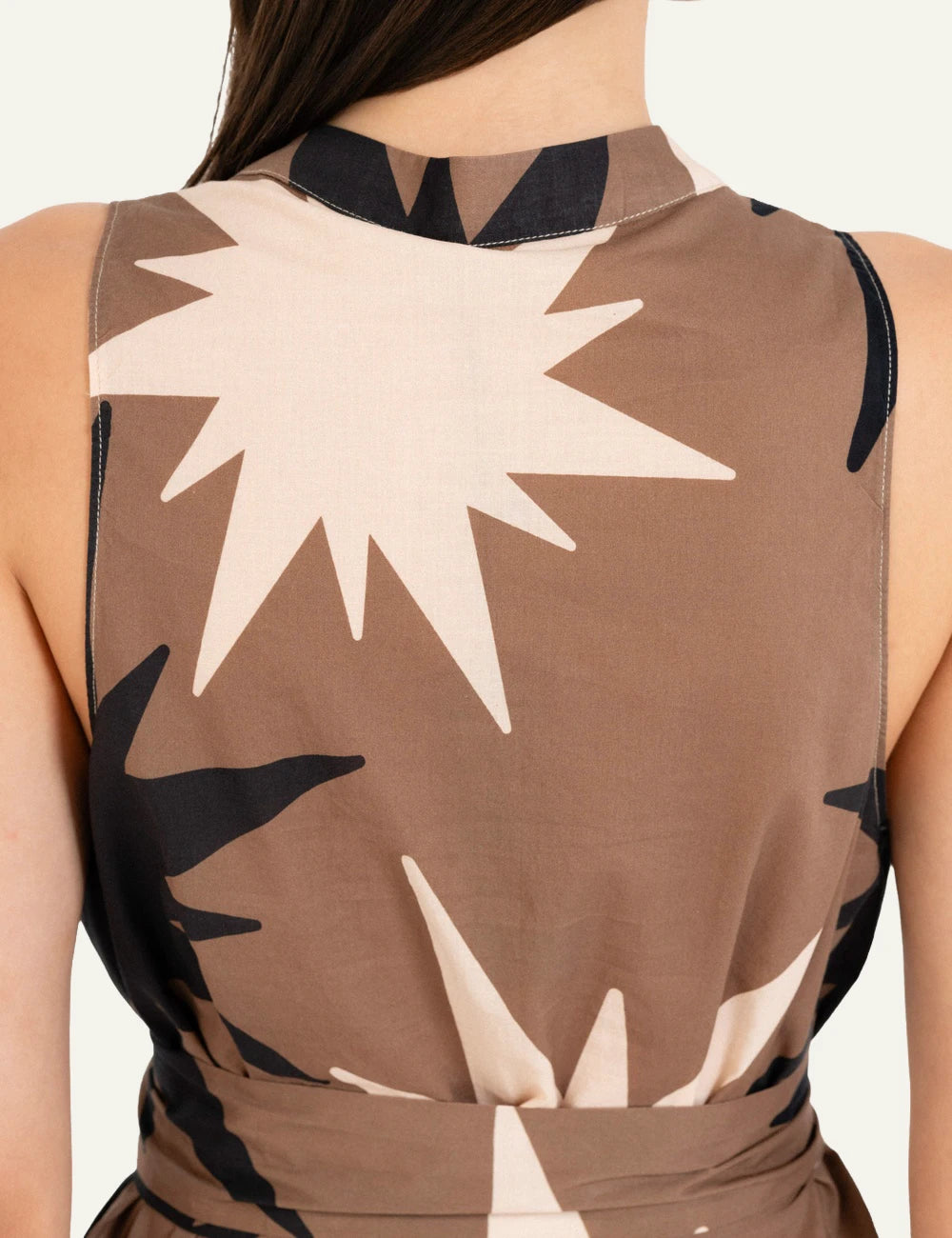 Philosophy halter neck dress taupe midi sleeveless belted back view