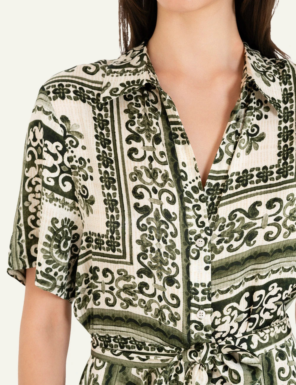 philosophy satin print shirtdress green maxi front detail