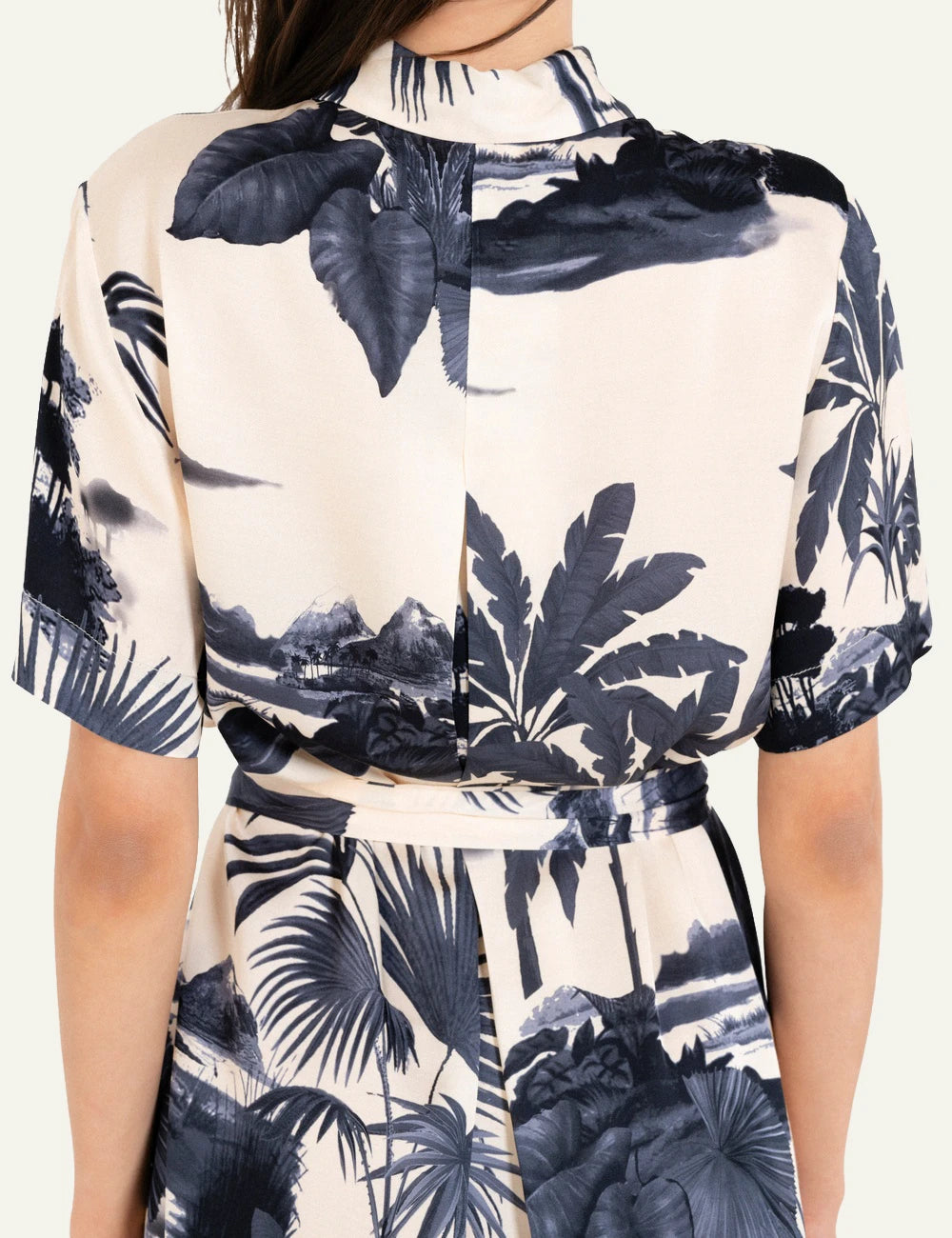 Philosophy satin shirtdress dark blue tropical midi belted back view