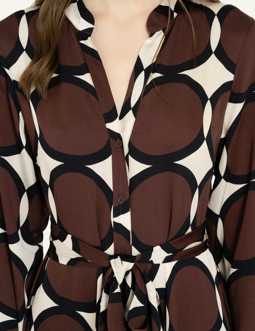 Philosophy women's brown geometric print satin maxi shirtdress close up details