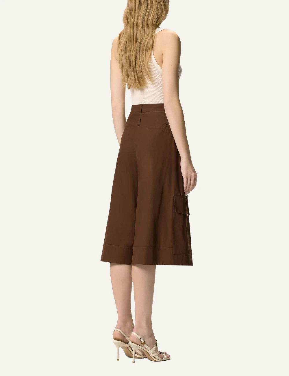 Pinko brown bermuda wide leg cotton twill belt cargo pockets back view