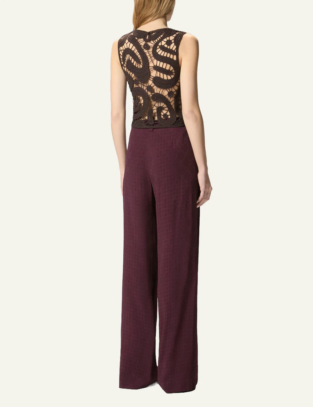 Pinko crochet cropped top brown geometric pattern sleeveless back view