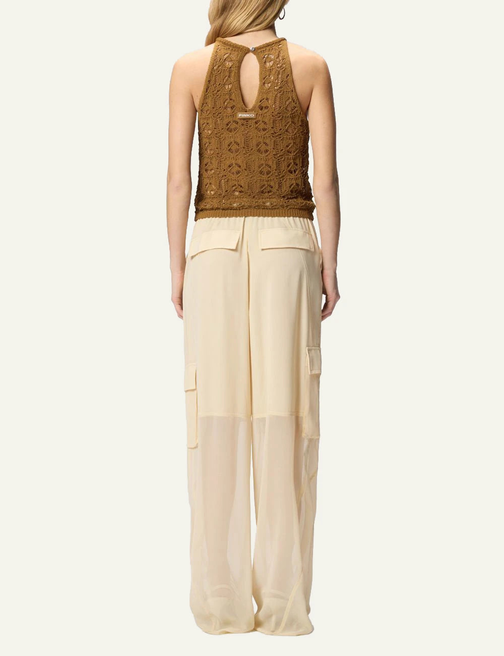 Pinko crochet floral top sleeveless brown textured knit front back view