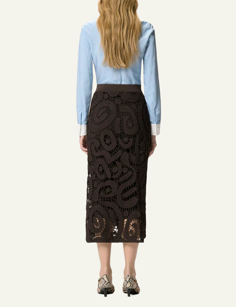 Pinko crochet midi skirt brown flared silhouette textured back view