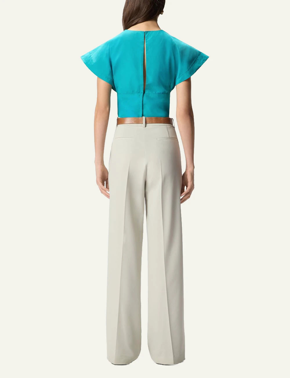 Pinko cropped top taffeta turquoise wide sleeves back view