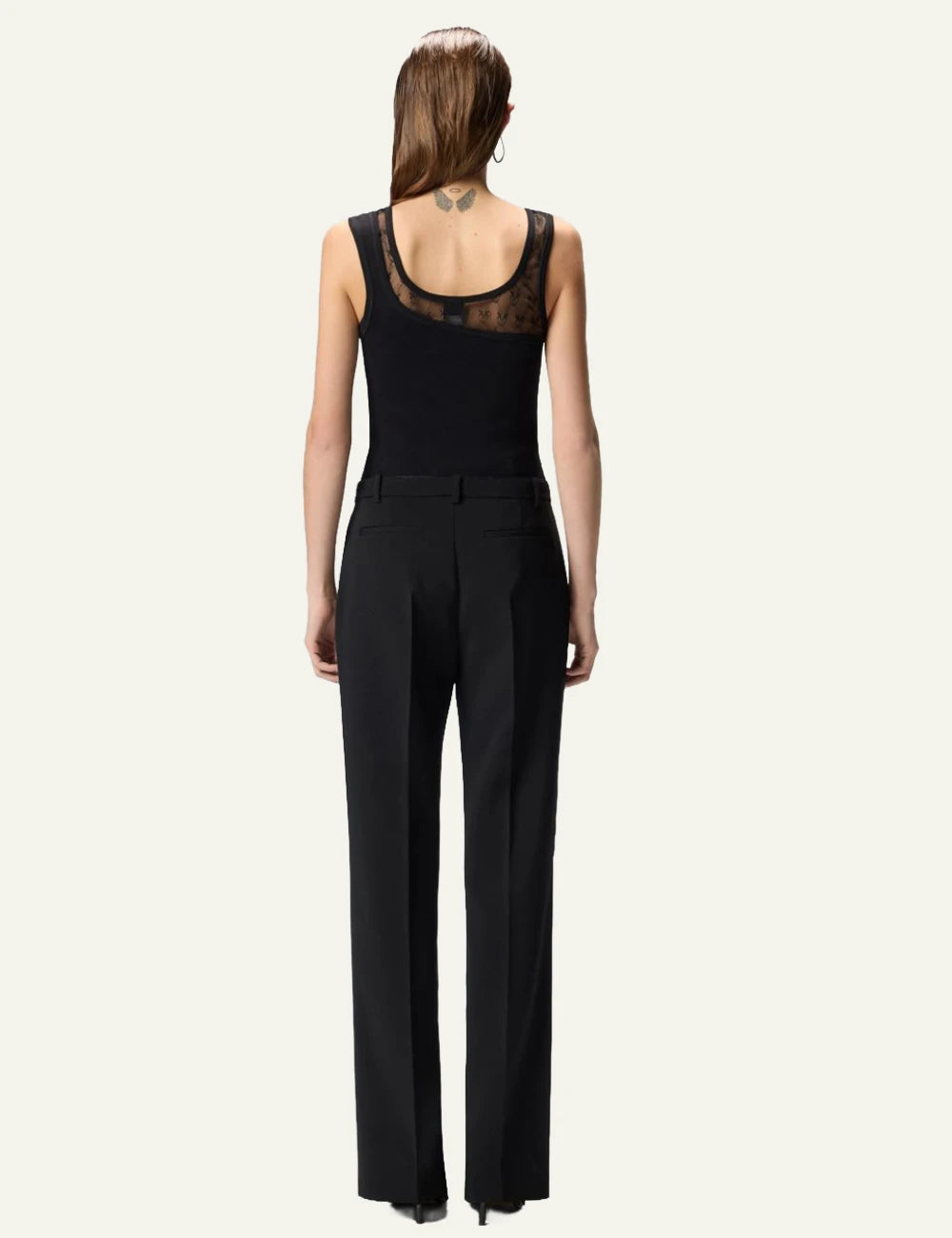 Pinko Cupboard tank top black ribbed with lace Love Birds insert back view