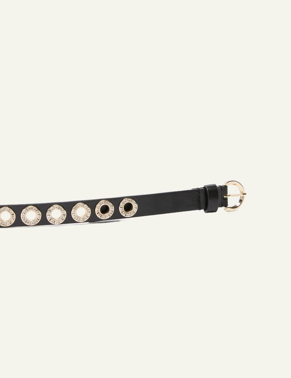 Pinko belt leather black gold crystals slim waist detail front logo view