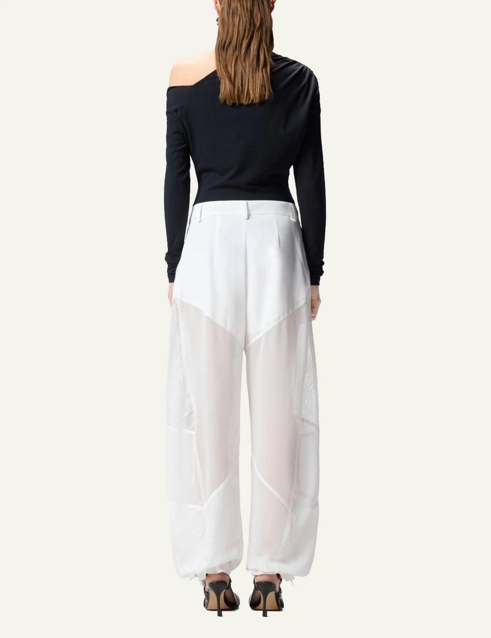 Pinko pants white straight leg georgette lace insert sheer detail back view