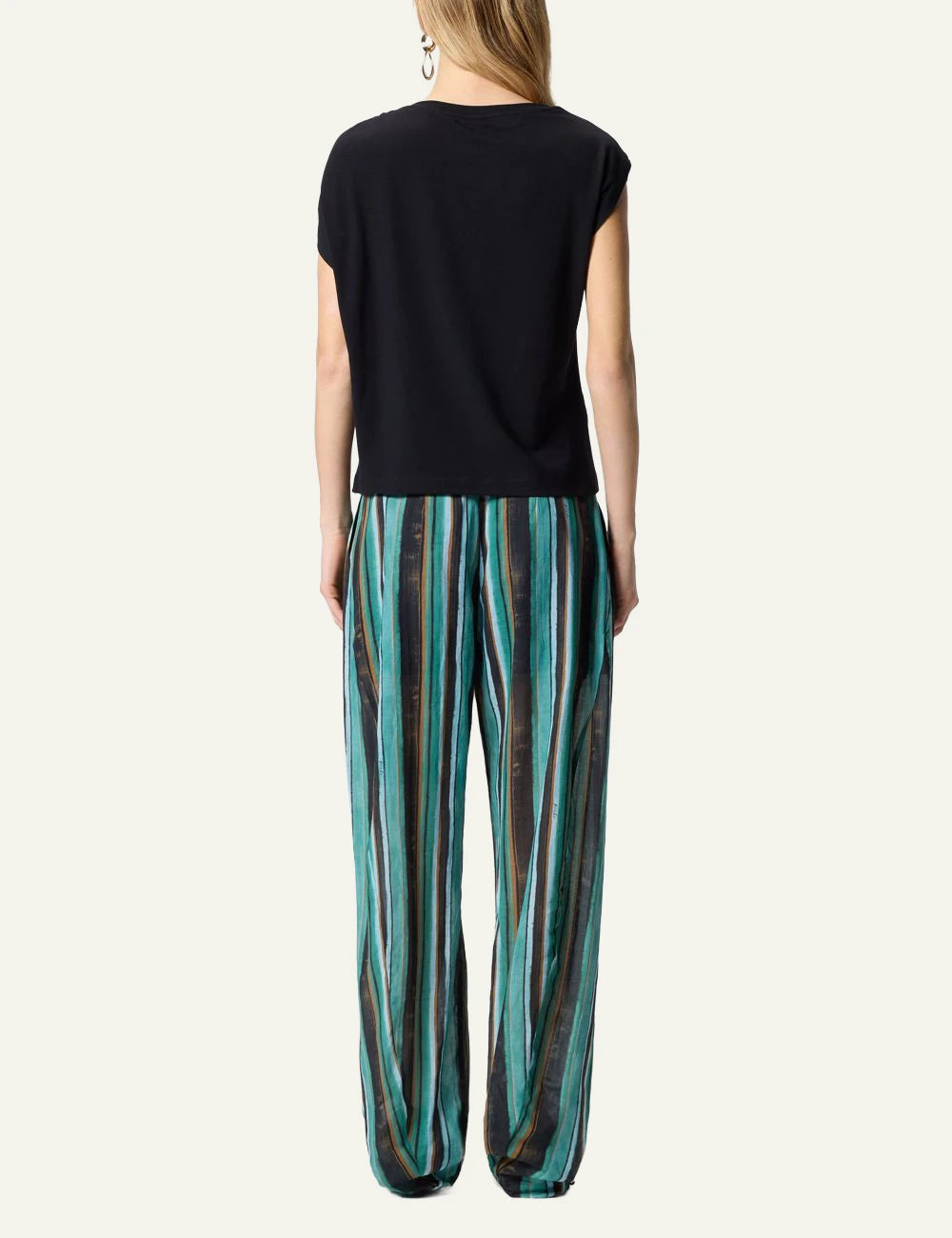 Pinko black top cotton Supima draped shoulder gold detail back view