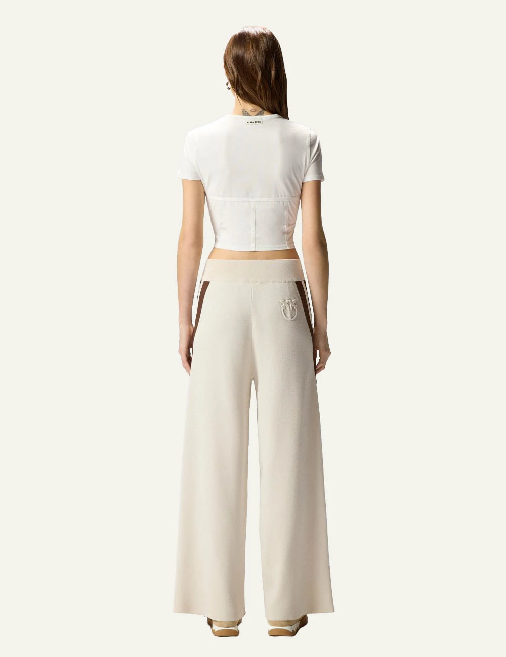 Pinko Tormenta sporty wide leg trousers cream with brown side stripes back view