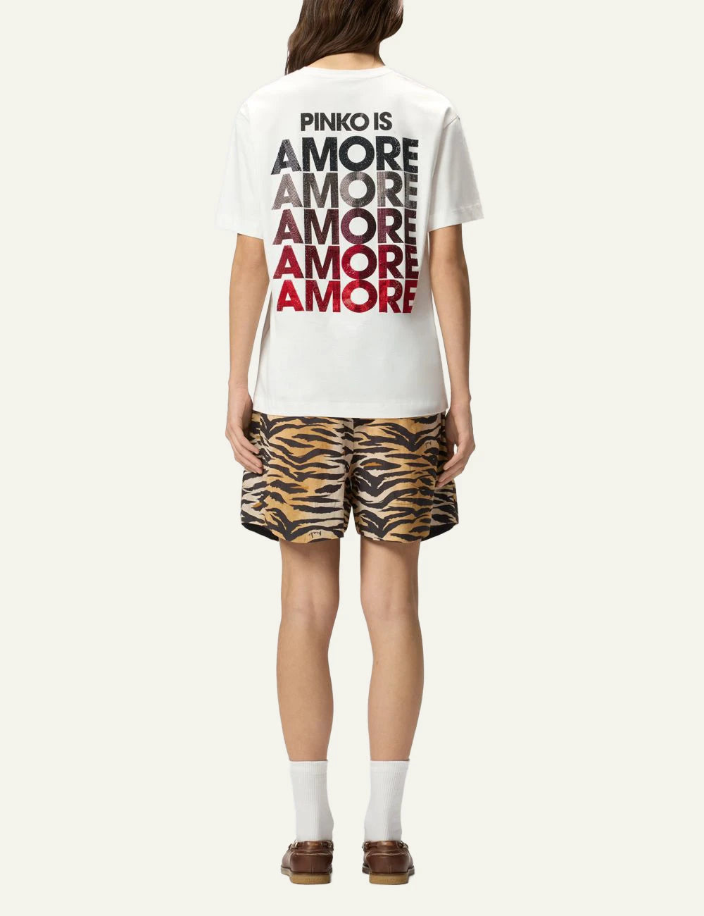 Pinko white t-shirt cotton heart logo strass chest back view