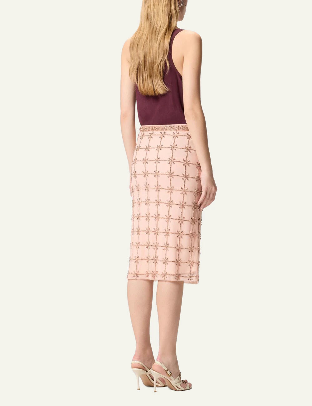 Pinko tulle skirt beige embroidered crystals beads midi back view