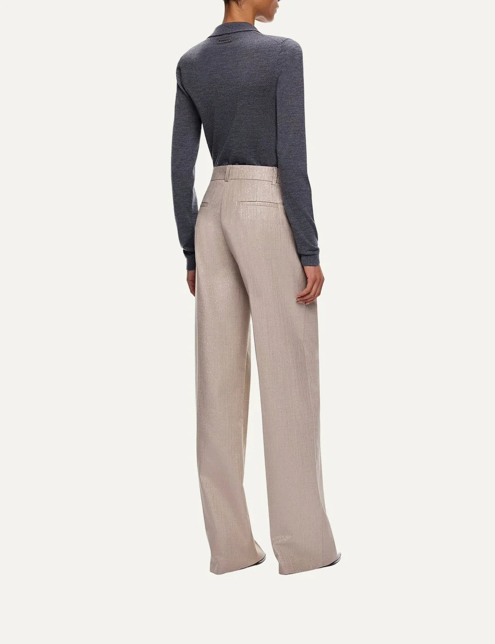 PINKO women's beige metallic virgin wool palazzo trousers with wide legs, pressed creases and subtle shimmer back view